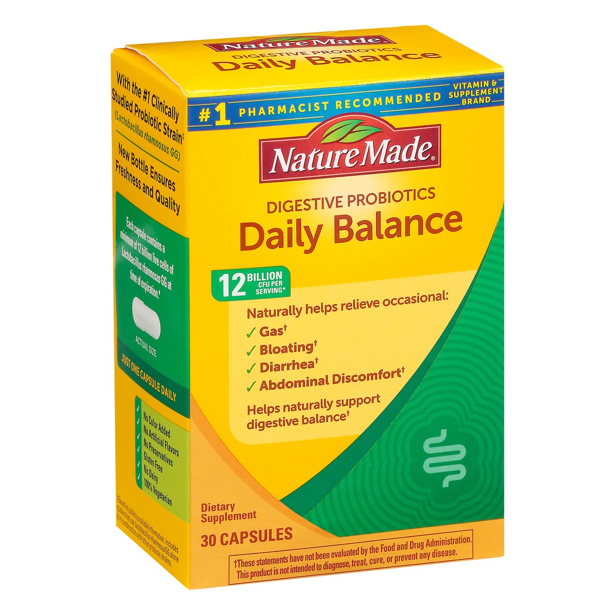 slide 7 of 9, Nature Made Daily Balance Digestive Probiotics 12 Billion CFU Per Serving, 30 Capsules, Naturally Helps Relieve Occasional Gas, Bloating, Abdominal Discomfort, Diarrhea, and Helps Naturally to Support Digestive Balance, 30 ct