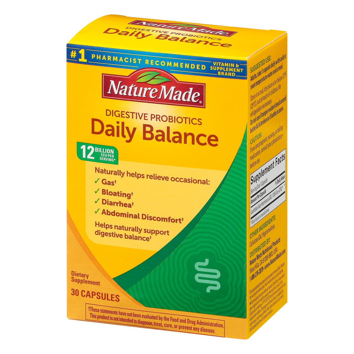 slide 6 of 9, Nature Made Daily Balance Digestive Probiotics 12 Billion CFU Per Serving, 30 Capsules, Naturally Helps Relieve Occasional Gas, Bloating, Abdominal Discomfort, Diarrhea, and Helps Naturally to Support Digestive Balance, 30 ct