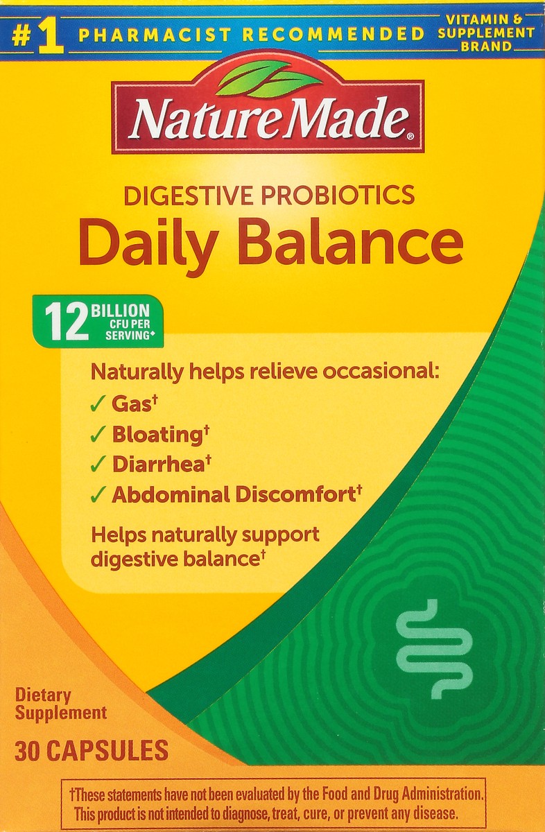 slide 8 of 9, Nature Made Daily Balance Digestive Probiotics 12 Billion CFU Per Serving, 30 Capsules, Naturally Helps Relieve Occasional Gas, Bloating, Abdominal Discomfort, Diarrhea, and Helps Naturally to Support Digestive Balance, 30 ct