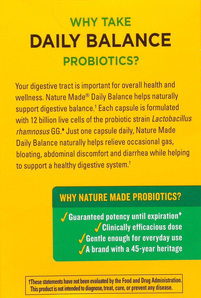 slide 3 of 9, Nature Made Daily Balance Digestive Probiotics 12 Billion CFU Per Serving, 30 Capsules, Naturally Helps Relieve Occasional Gas, Bloating, Abdominal Discomfort, Diarrhea, and Helps Naturally to Support Digestive Balance, 30 ct