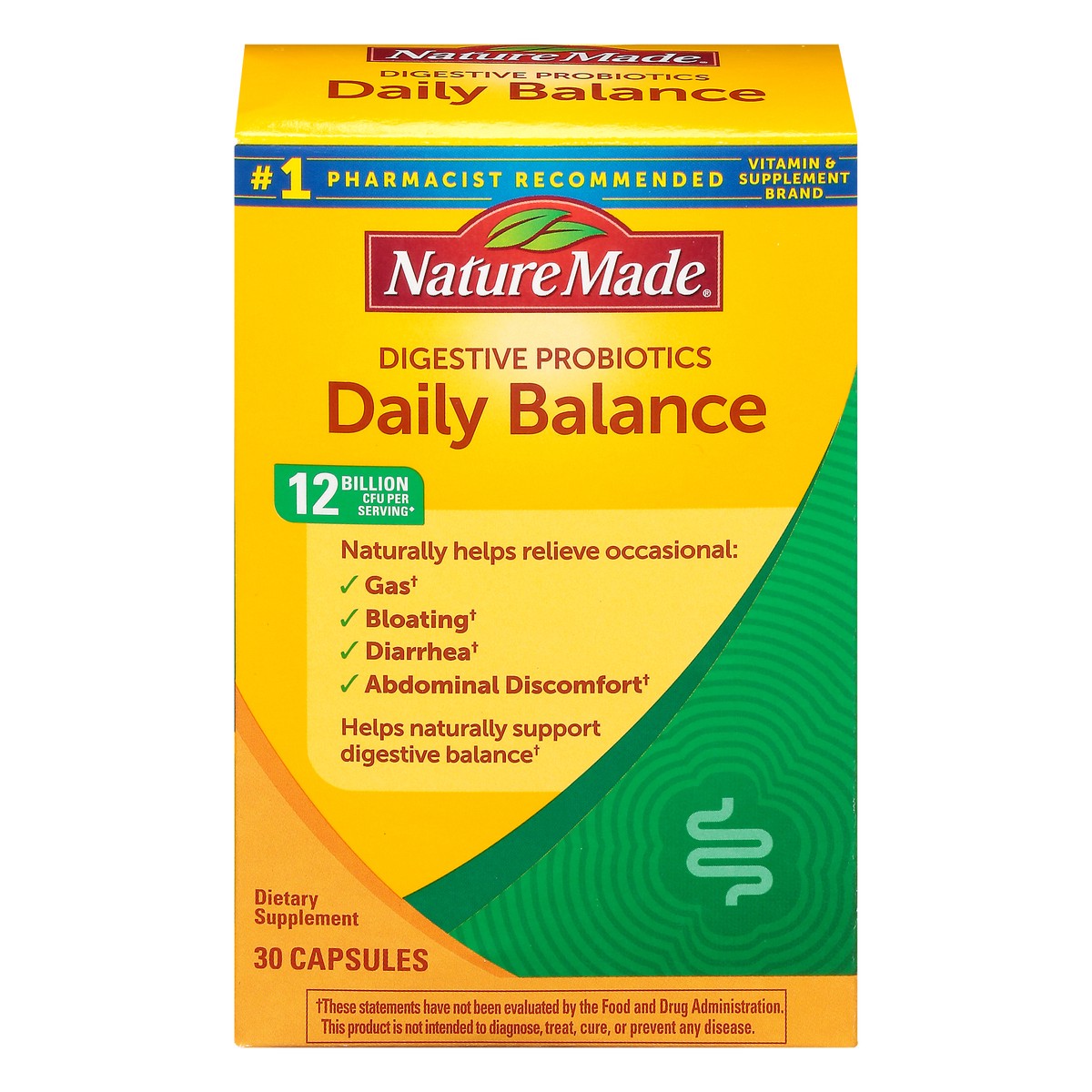 slide 1 of 9, Nature Made Daily Balance Digestive Probiotics 12 Billion CFU Per Serving, 30 Capsules, Naturally Helps Relieve Occasional Gas, Bloating, Abdominal Discomfort, Diarrhea, and Helps Naturally to Support Digestive Balance, 30 ct