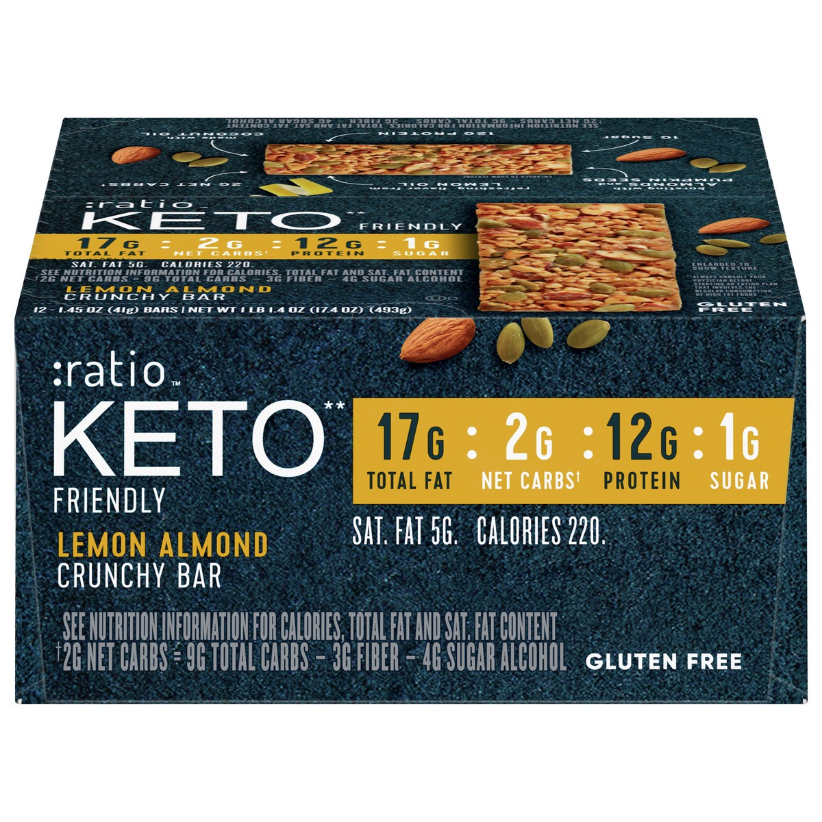 slide 2 of 13, :ratio Crunchy Bars, KETO* friendly, Lemon Almond,  12 Bars, 12 ct