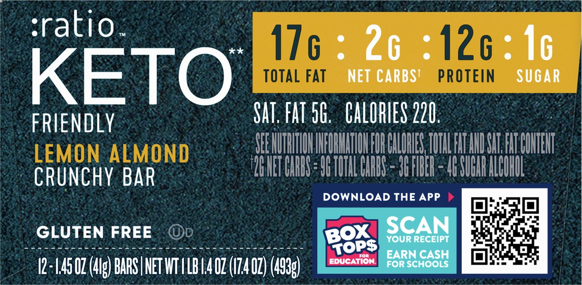 slide 5 of 13, :ratio Crunchy Bars, KETO* friendly, Lemon Almond,  12 Bars, 12 ct