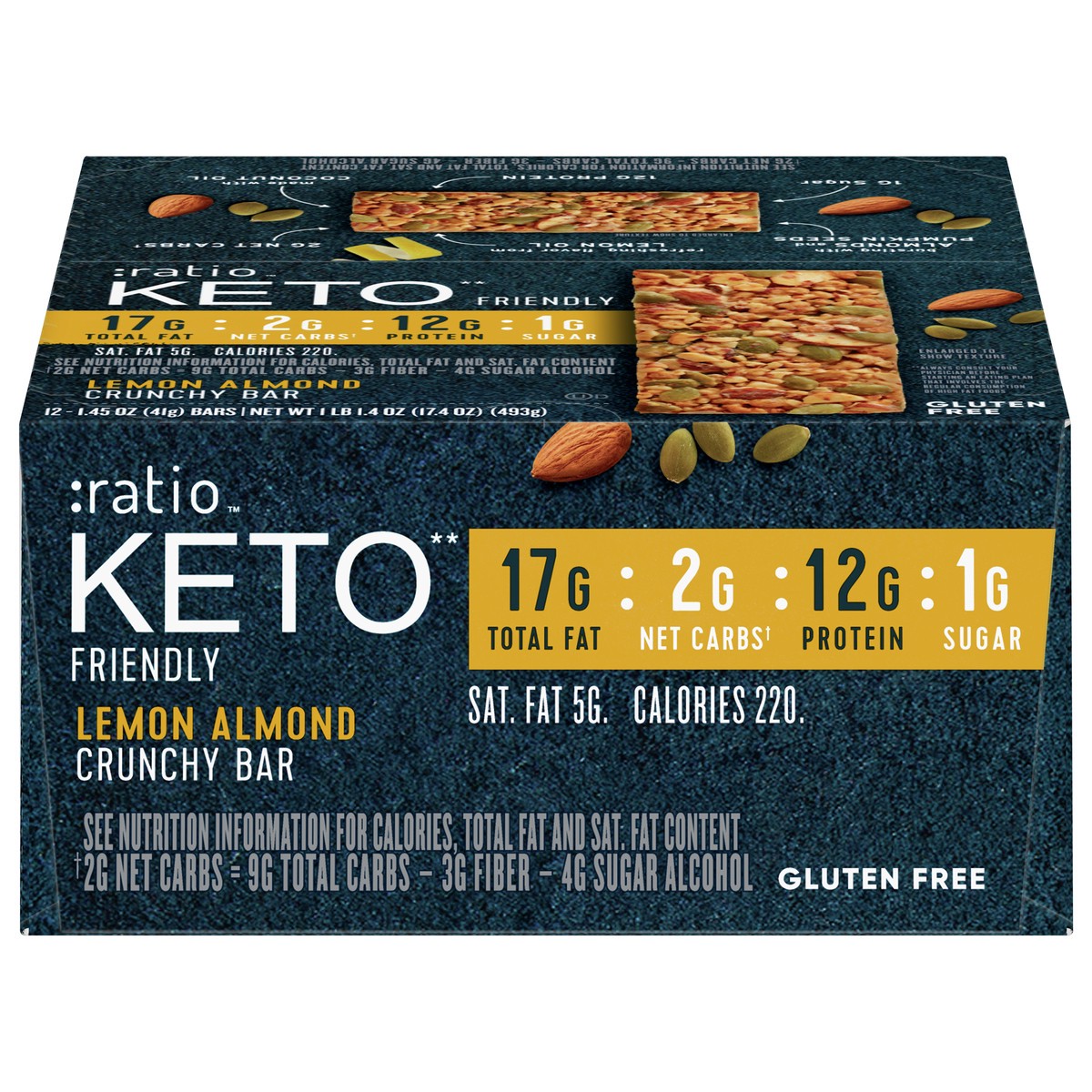 slide 1 of 13, :ratio Crunchy Bars, KETO* friendly, Lemon Almond,  12 Bars, 12 ct