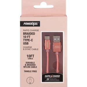 slide 1 of 1, PowerXcel Rapid Charge Braided 10ft Type-C Usb Charge & Sync Cable, Rose Gold, 10 ft