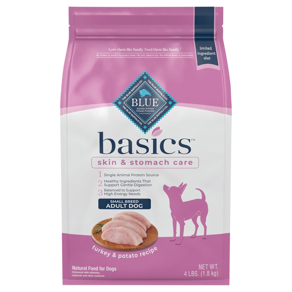 slide 1 of 9, Blue Buffalo Blue Basics Small Breed Adult Turkey & Potato Recipe Dry Dog Food, 4 lb