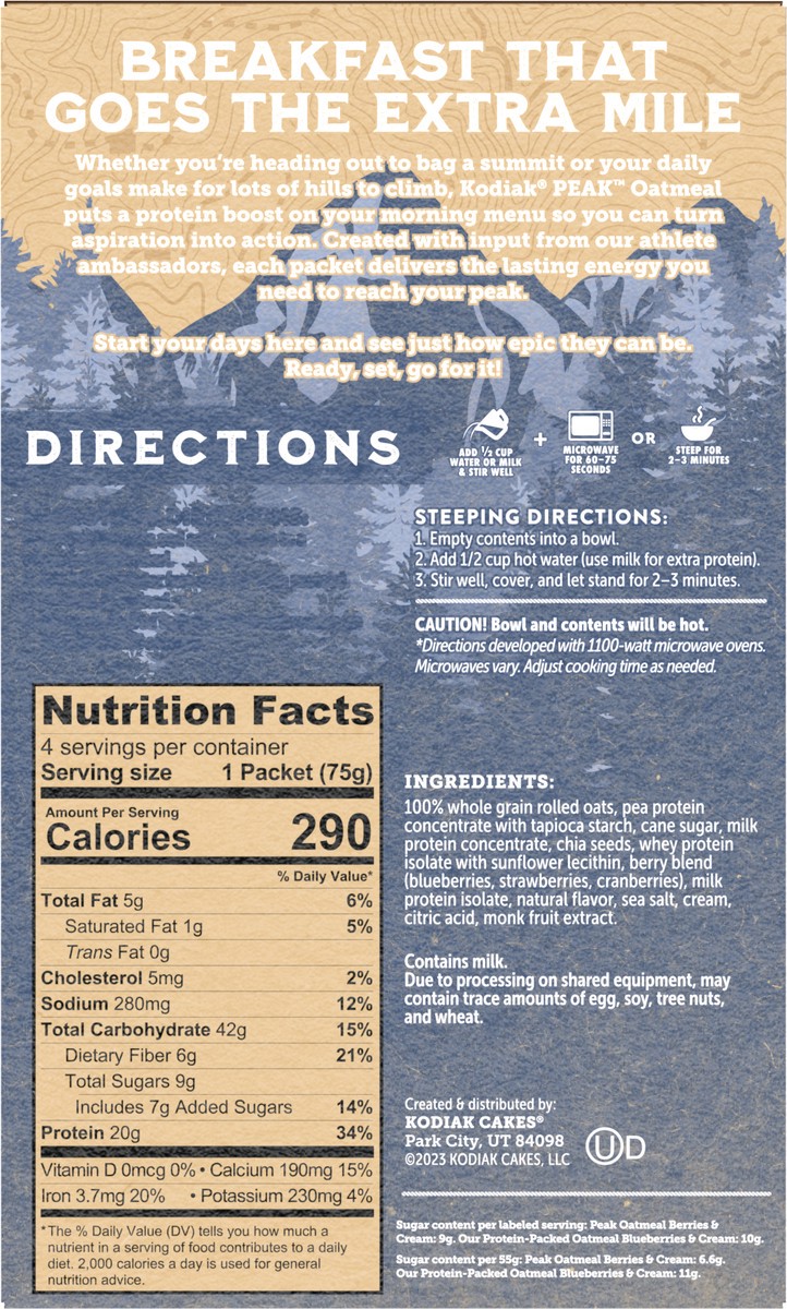 slide 5 of 12, Kodiak Cakes PEAK Oatmeal Packets, Berries & Cream, 13.23 oz/5 ct, 4 ct