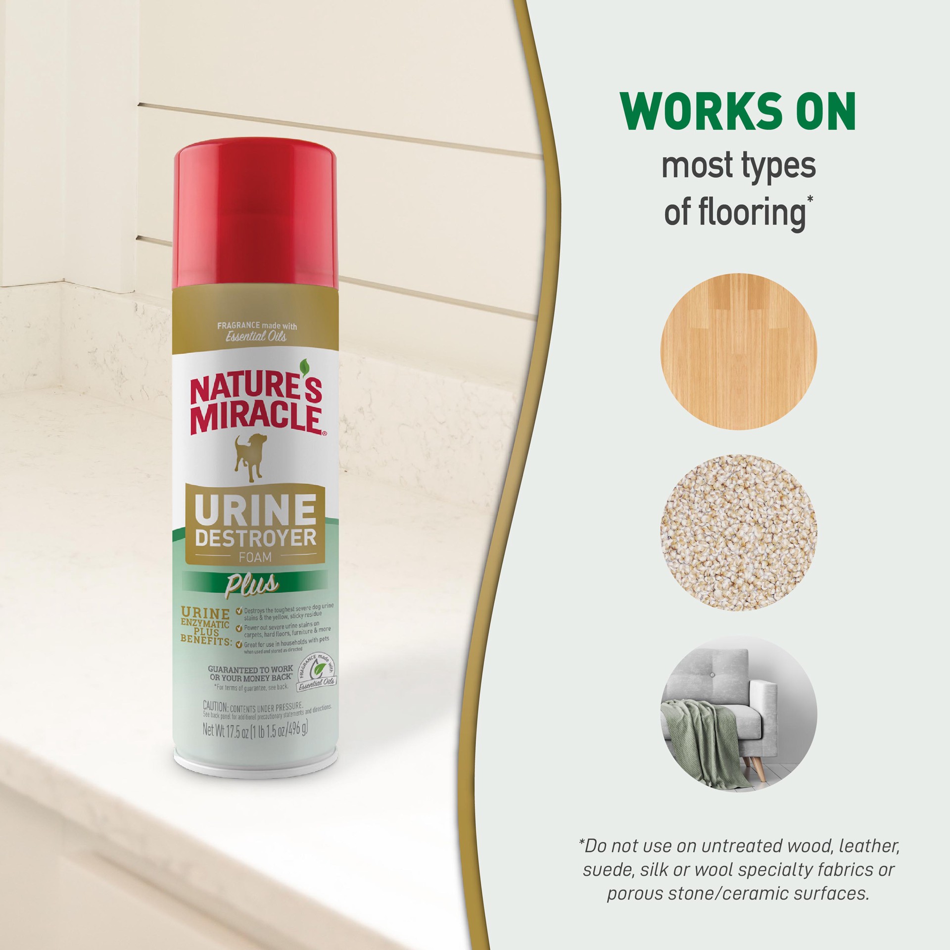slide 8 of 9, Nature's Miracle Urine Destroyer Plus for Dogs, 17.5 Ounces, Foaming Aerosol for Tough Urine Messes, 1.35 lb