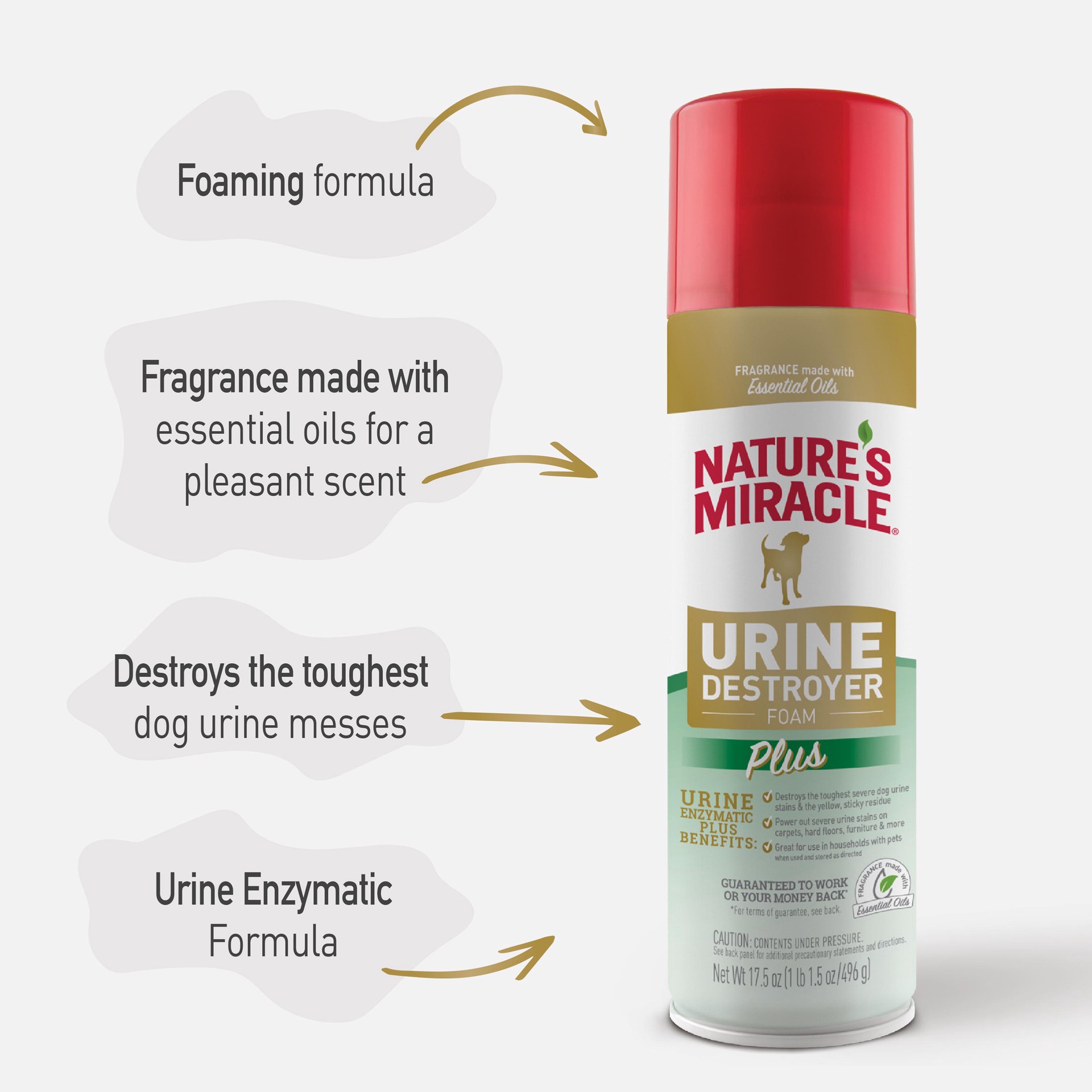 slide 6 of 9, Nature's Miracle Urine Destroyer Plus for Dogs, 17.5 Ounces, Foaming Aerosol for Tough Urine Messes, 1.35 lb