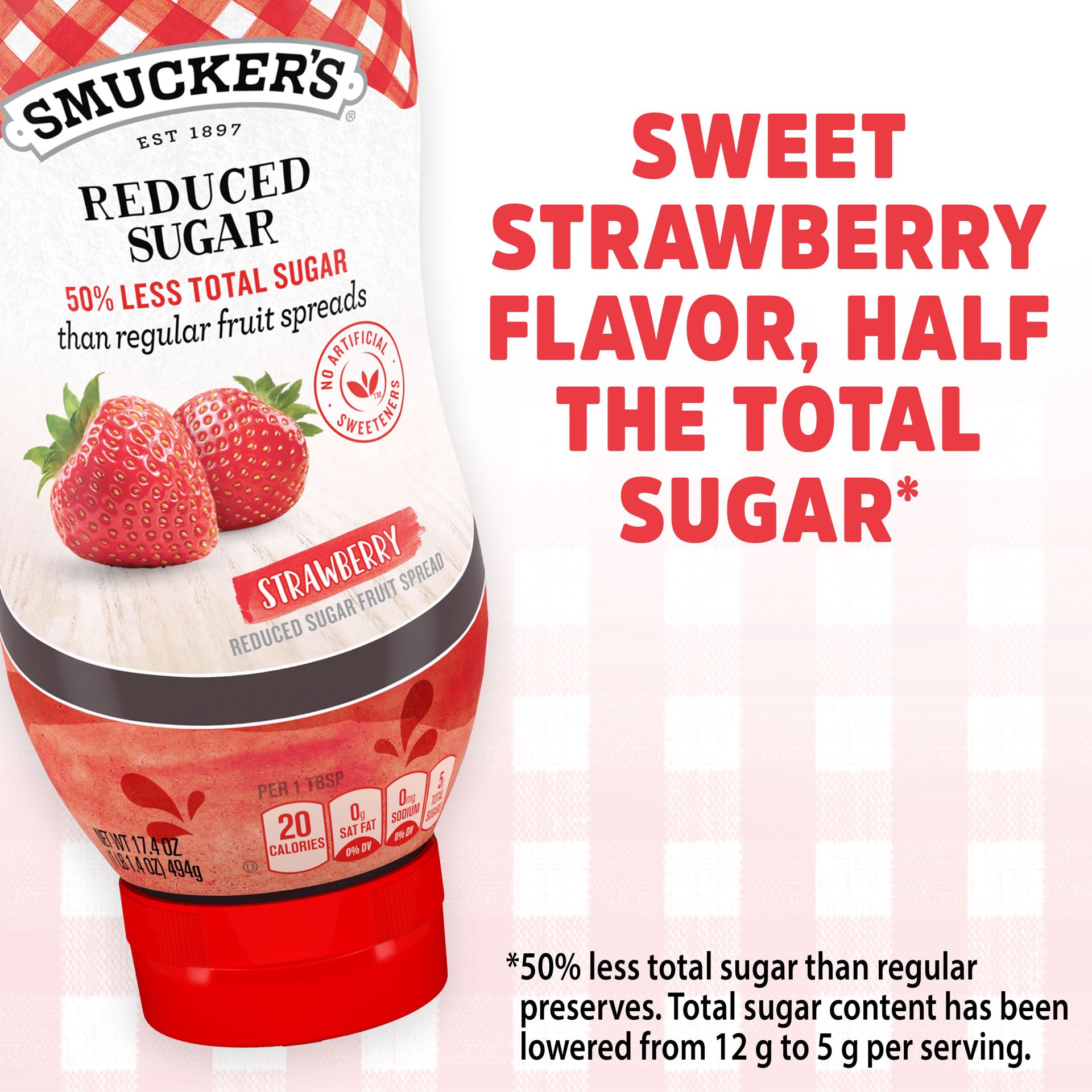 slide 2 of 6, Smucker's Squeezable Reduced Sugar Strawberry Fruit Spread, 17.4 Ounces, 17.4 oz