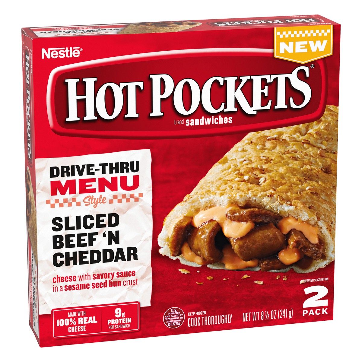 slide 2 of 7, Hot Pockets Drive Thru Menu Style Sliced Beef'N Cheddar Frozen Snacks, 9 oz