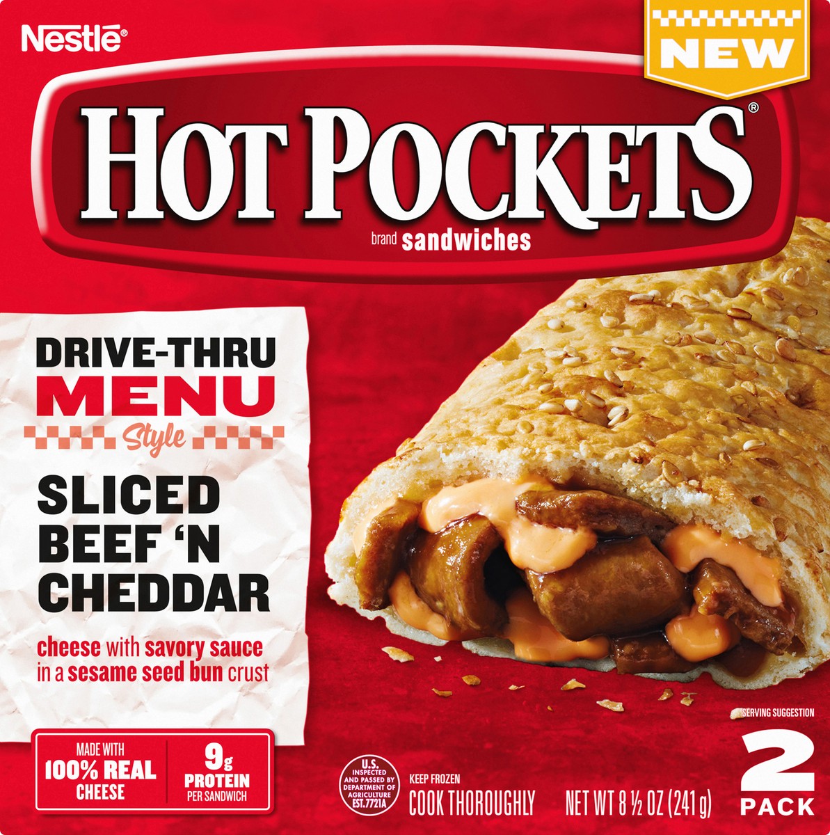 slide 6 of 7, Hot Pockets Drive Thru Menu Style Sliced Beef'N Cheddar Frozen Snacks, 9 oz