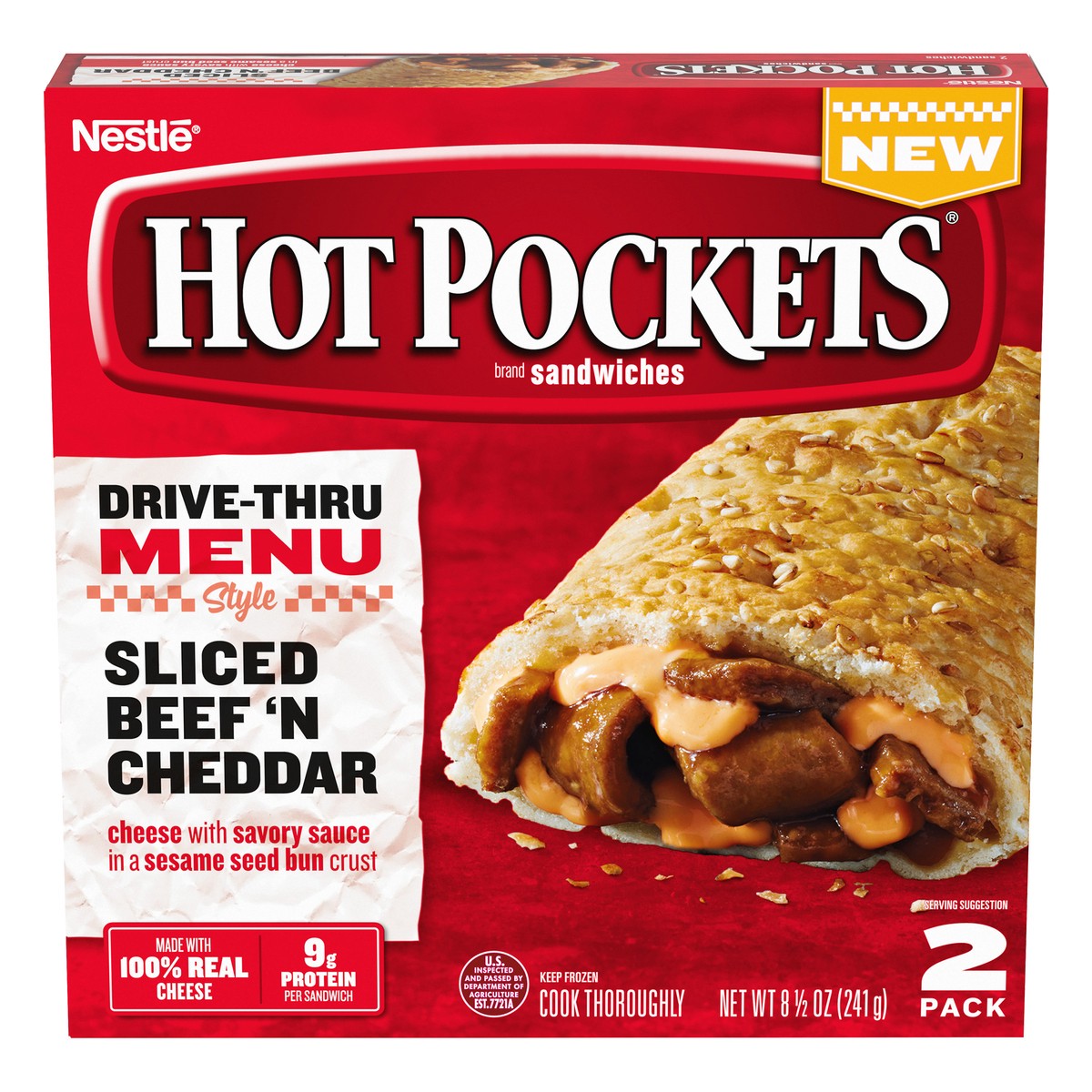 slide 7 of 7, Hot Pockets Drive Thru Menu Style Sliced Beef'N Cheddar Frozen Snacks, 9 oz