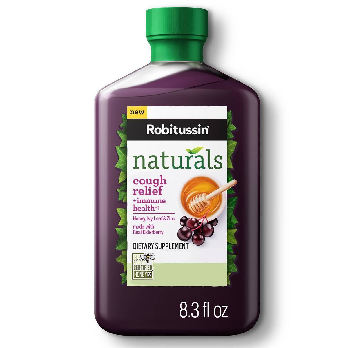 slide 1 of 3, Robitussin Naturals Cough Relief + Immune Health Dietary Supplement with Honey, Ivy Leaf, Zinc and Elderberry, Natural Honey Flavor - 8.3 Oz Syrup, 8.3 fl oz