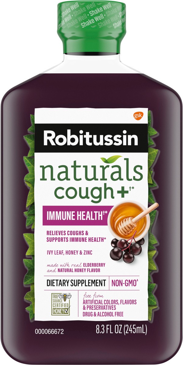 slide 7 of 9, Robitussin Naturals Cough Relief + Immune Health Dietary Supplement with Honey, Ivy Leaf, Zinc and Elderberry, Natural Honey Flavor - 8.3 Oz Syrup, 8.3 fl oz