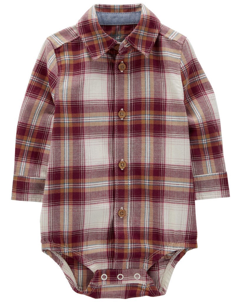 slide 3 of 3, Oshkosh Baby Plaid Button-Front Bodysuit Maroon 6M, 1 ct