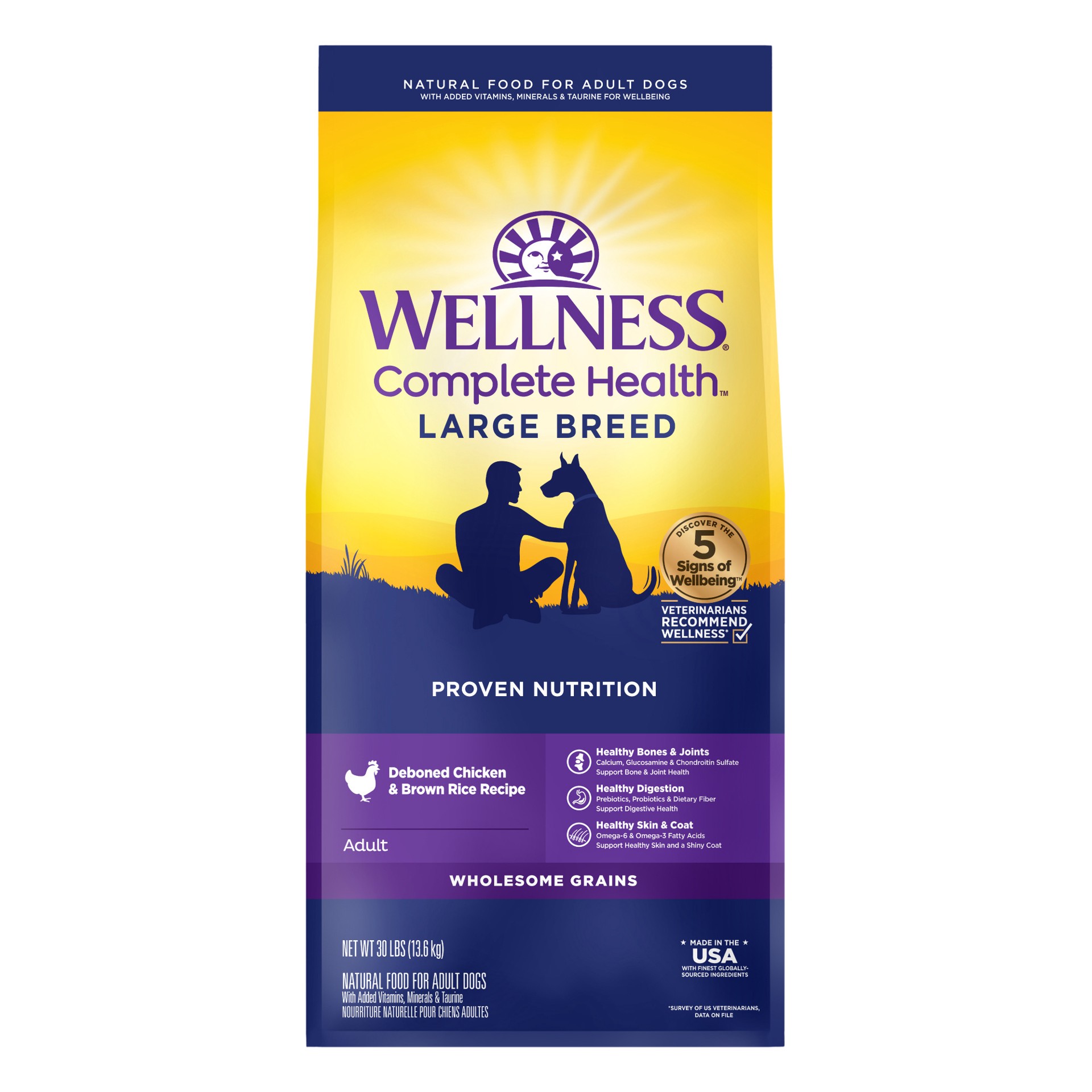 slide 1 of 5, Wellness Complete Health Natural Dry Large Breed Dog Food, Chicken & Rice, 30-Pound Bag, 1 ct