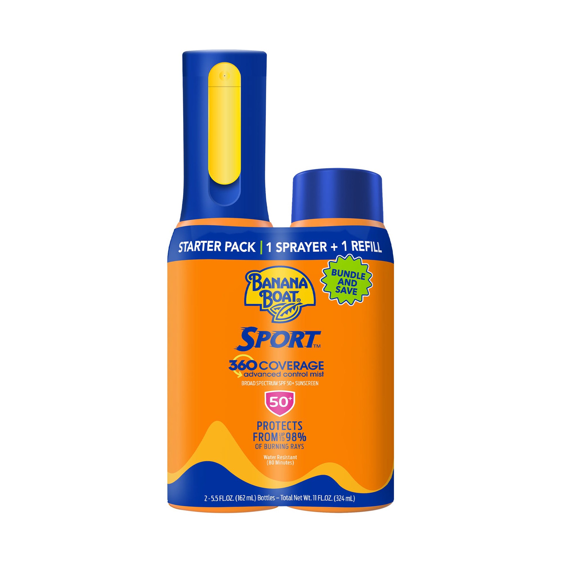 slide 1 of 8, Banana Boat Sport 360 Coverage Sunscreen Mist SPF 50+, Refillable Sunscreen Bottle with Spray Sunscreen Refill, 5.5oz each, 1 ct
