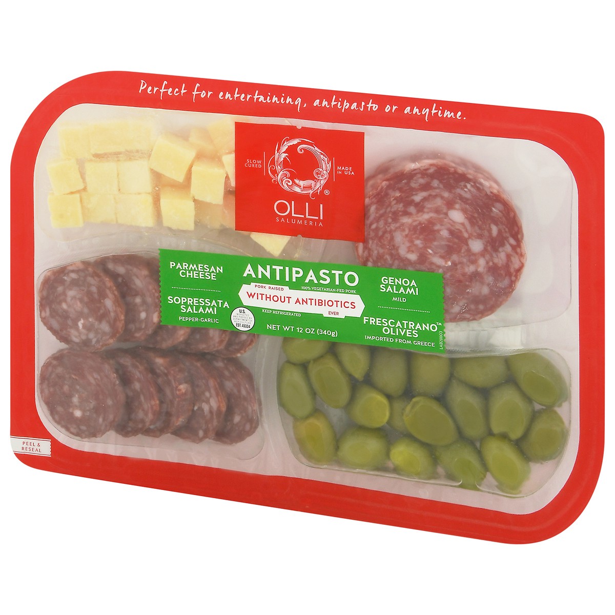 slide 3 of 9, Olli Salumeria Parmesan Cheese Genoa Salami Sopressata Salami Frescatrano Olives Antipasto 12 oz, 12 oz