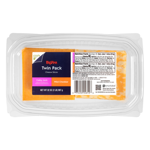 slide 1 of 1, Hy-Vee Twin Pack Cheese Slices, Colby Jack, Mild Cheddar, 32 oz