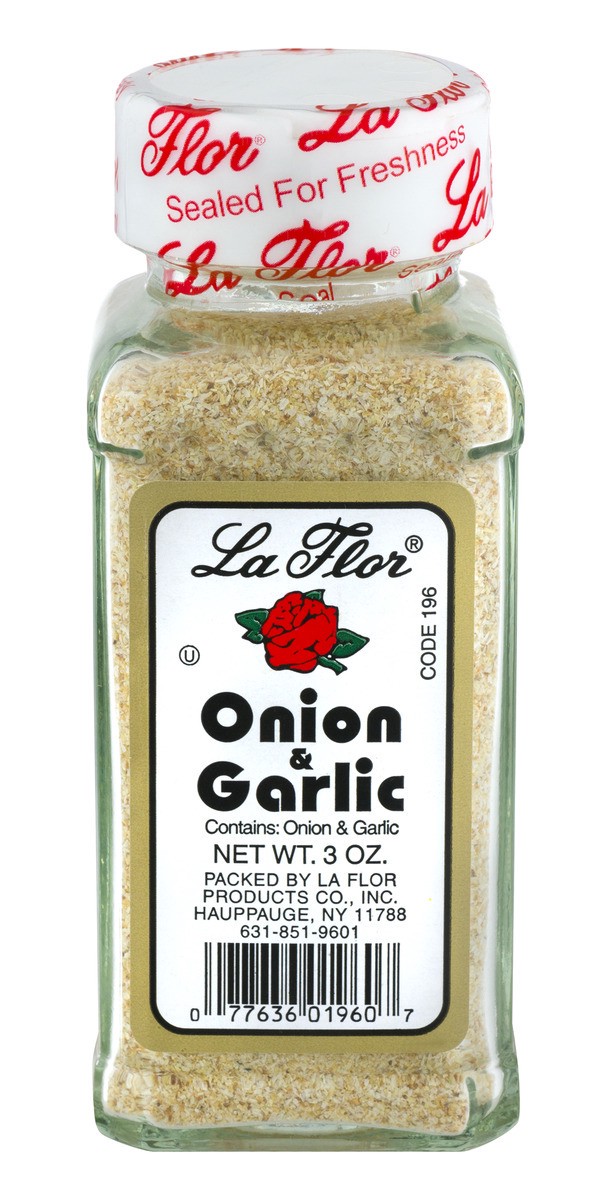 slide 1 of 9, La Flor Onion & Garlic, 3 oz