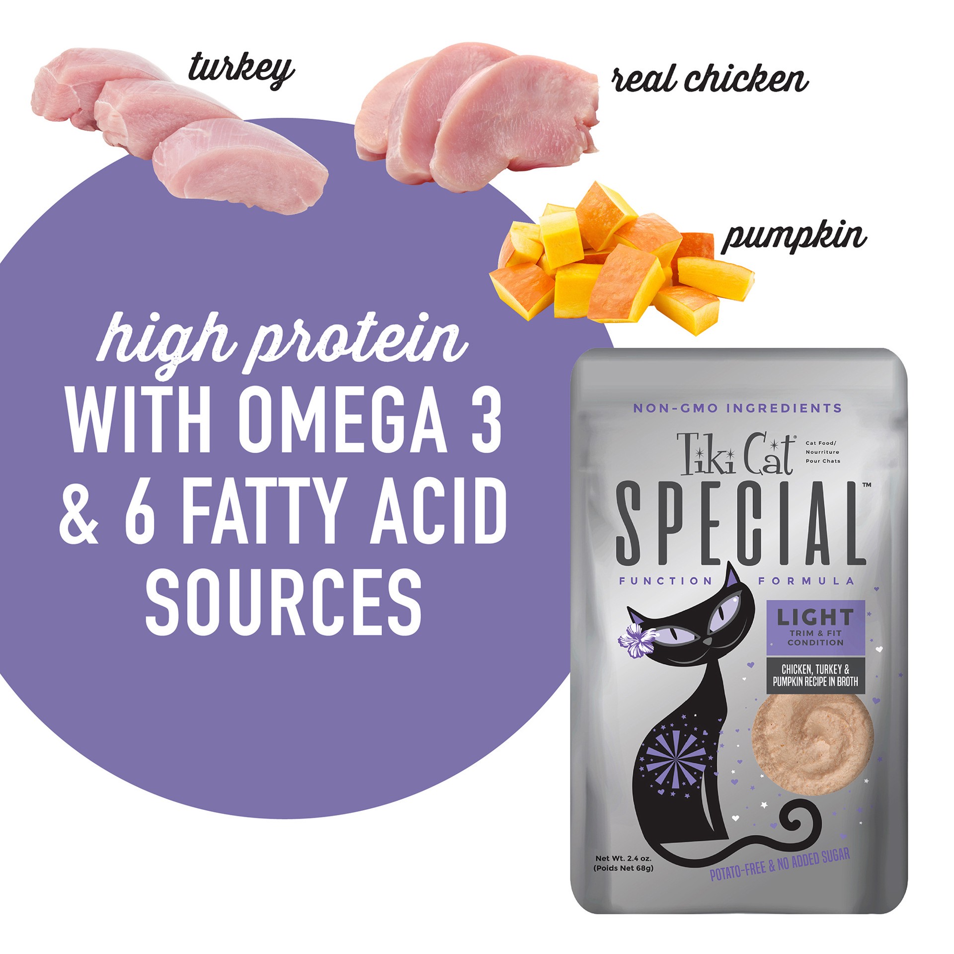 slide 8 of 8, Tiki Cat Solutions Mousse, Light, Chicken, Turkey & Pumpkin Recipe in Broth, 2.4 oz. Pouch (12 Count), 2.4 oz