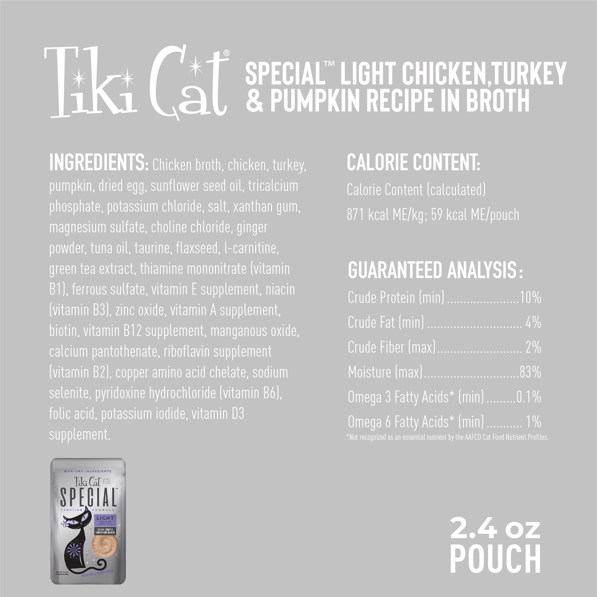 slide 3 of 8, Tiki Cat Solutions Mousse, Light, Chicken, Turkey & Pumpkin Recipe in Broth, 2.4 oz. Pouch (12 Count), 2.4 oz