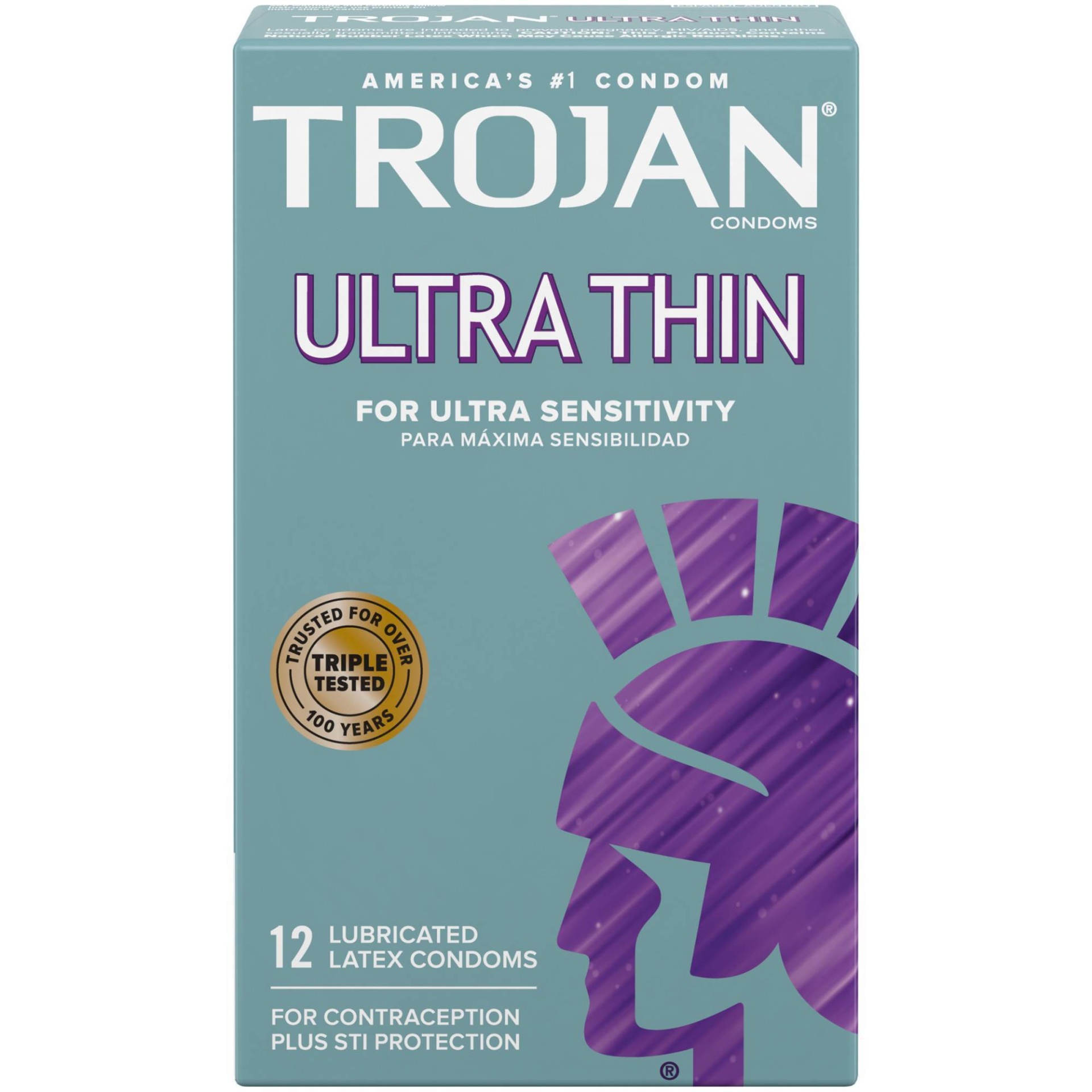 slide 1 of 7, Trojan Sensitivity Ultra Thin Premium Lubricant Premium Latex Condoms, 12 ct