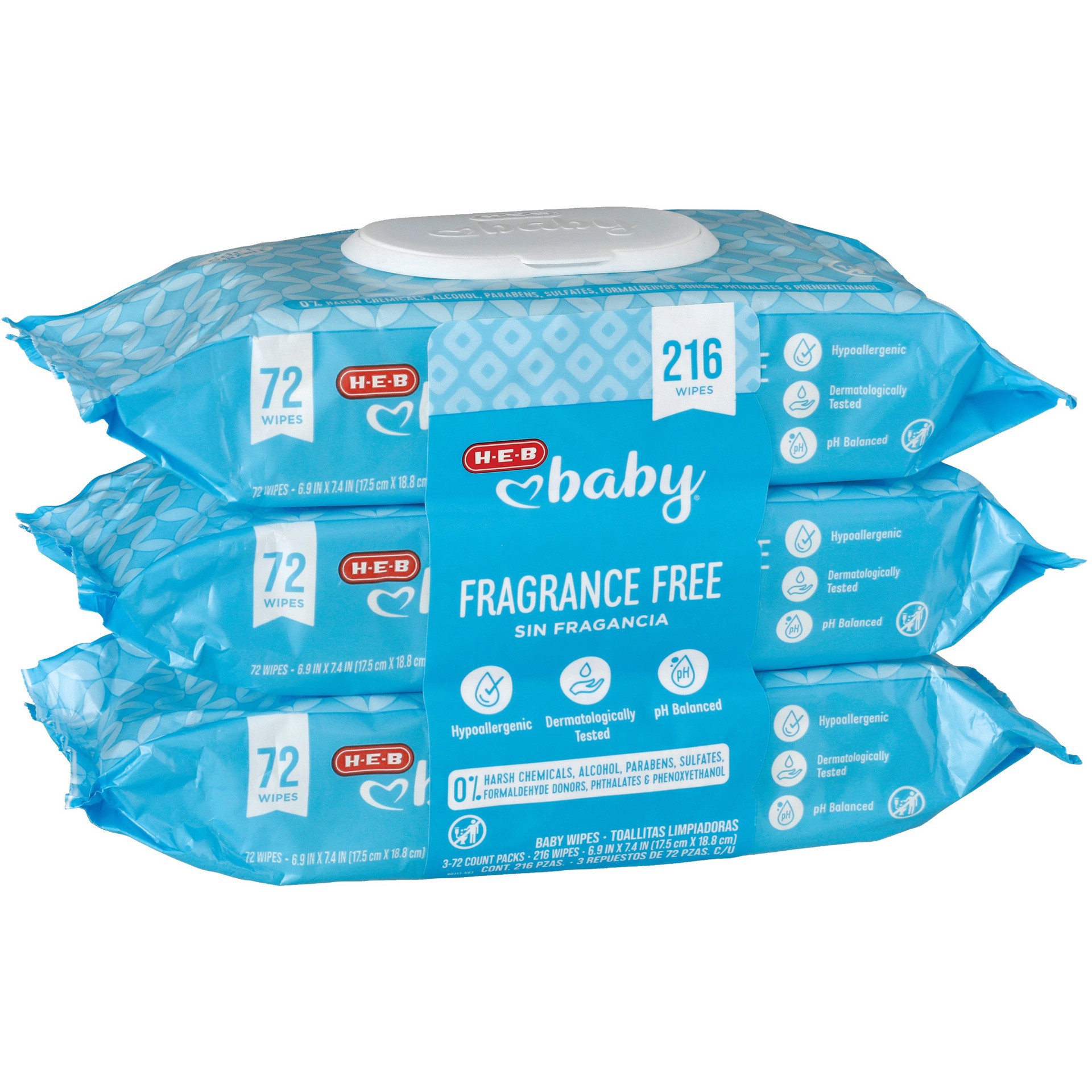 slide 1 of 1, H-E-B Baby Fragrance Free Wipes, 3 Pk, 216 ct