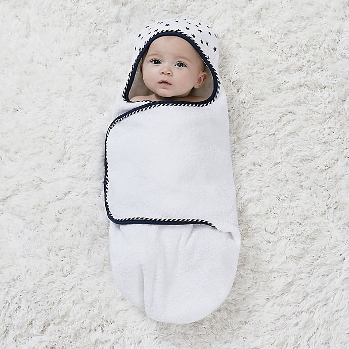 slide 5 of 5, Just Born Pom Pom Swaddle - Navy/White, 1 ct