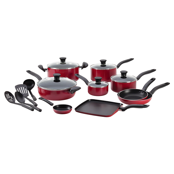 slide 1 of 1, T-fal Initiatives Nonstick Inside and OutCookware Set, Red, 18 pc