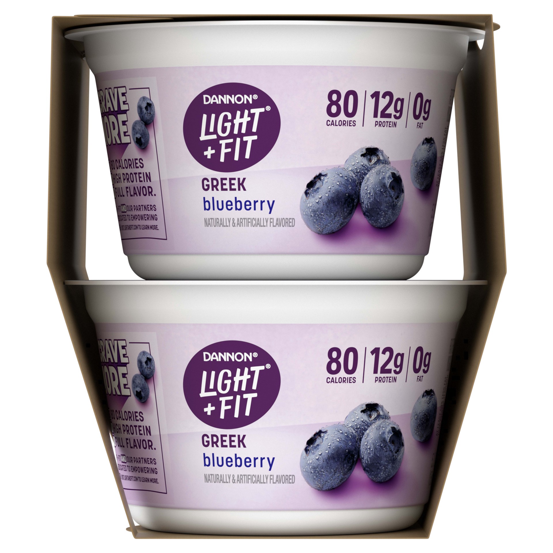 slide 3 of 5, Light + Fit Dannon Light + Fit Greek Blueberry Fat Free Yogurt, Creamy and Delicious Gluten Free Yogurt, 4 Ct, 5.3 OZ Yogurt Cups (Packaging May Vary), 