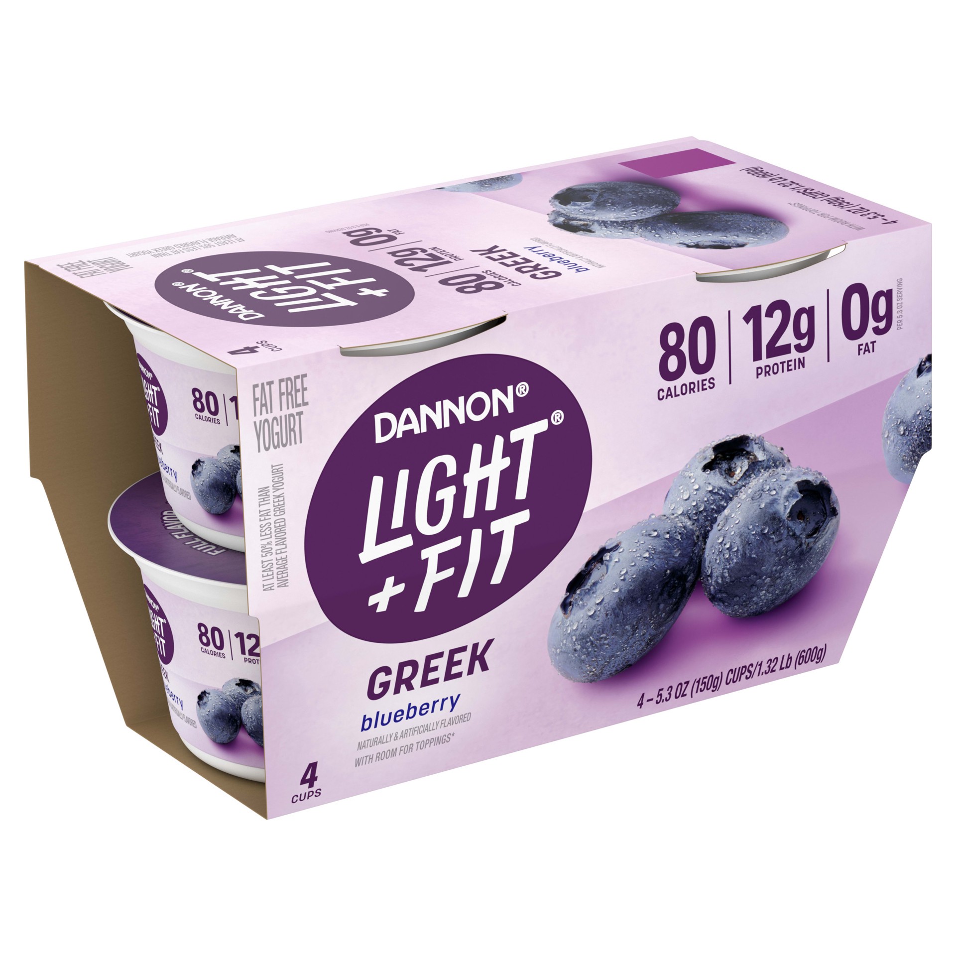 slide 5 of 5, Light + Fit Dannon Light + Fit Greek Blueberry Fat Free Yogurt, Creamy and Delicious Gluten Free Yogurt, 4 Ct, 5.3 OZ Yogurt Cups (Packaging May Vary), 