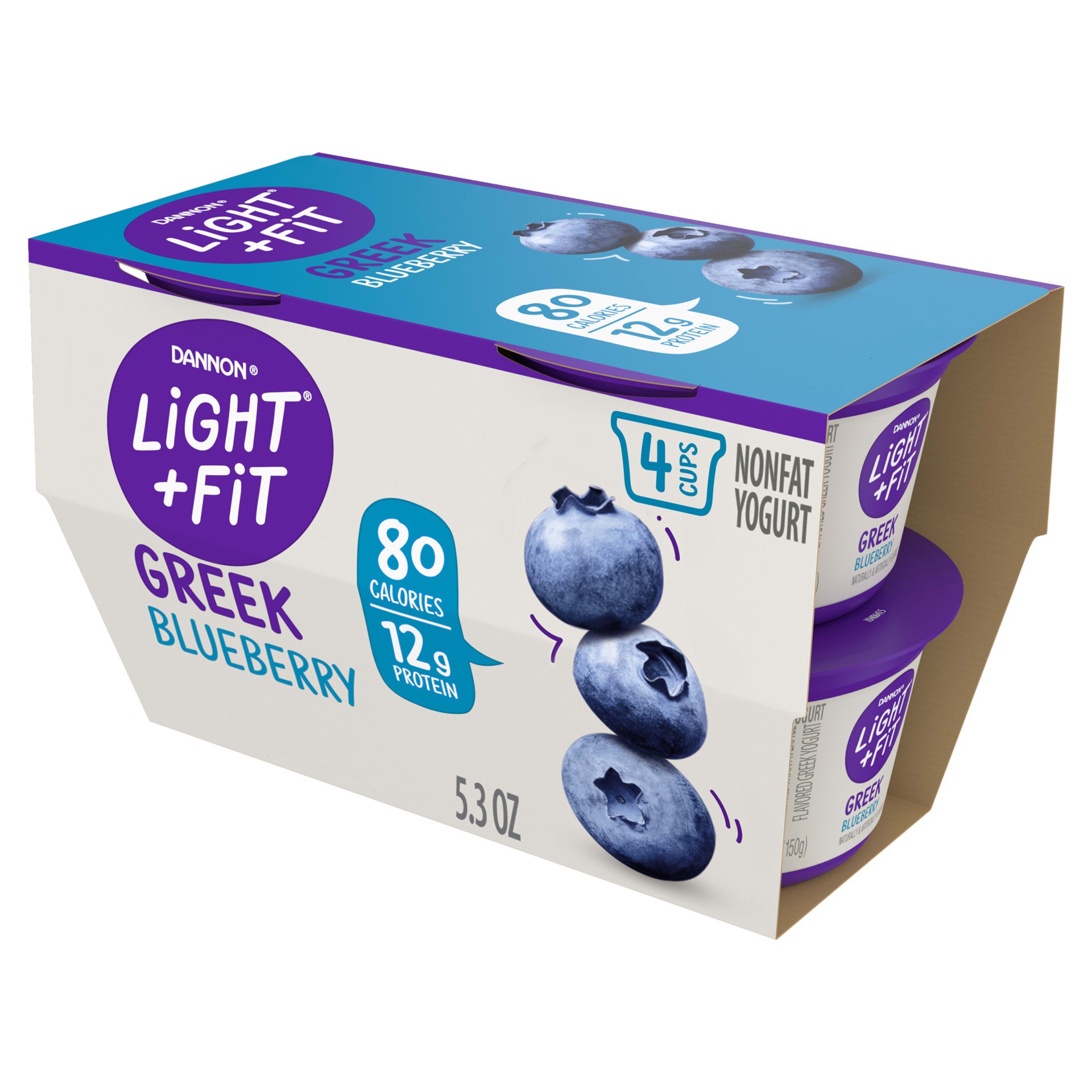 slide 1 of 5, Light + Fit Dannon Light + Fit Greek Blueberry Fat Free Yogurt, Creamy and Delicious Gluten Free Yogurt, 4 Ct, 5.3 OZ Yogurt Cups (Packaging May Vary), 