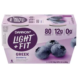 Dannon Light + Fit Blueberry Greek Fat Free Yogurt Cups, Convenient Anytime Snacks, 5.3 oz, 4 Count