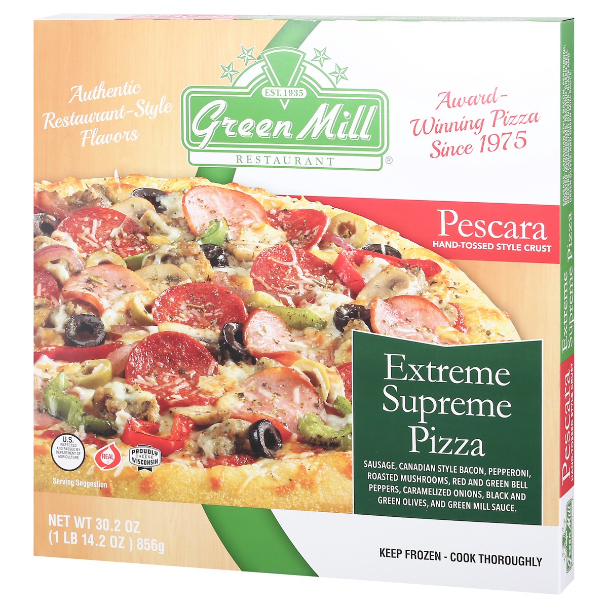 slide 2 of 12, Green Mill Pescara Hand-Tossed Style Crust Extreme Supreme Supreme Pizza 30.2 oz, 30.5 oz