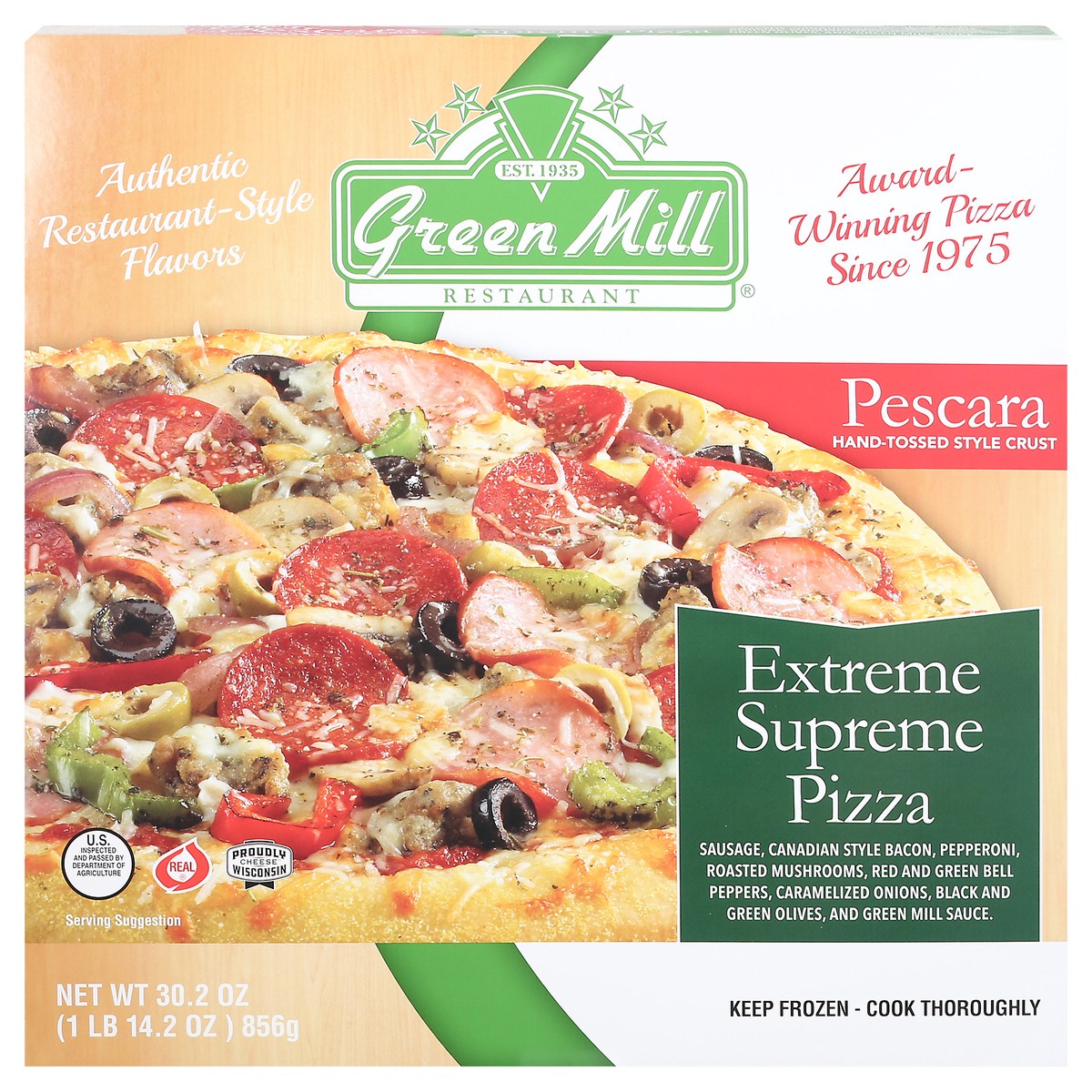 slide 1 of 12, Green Mill Pescara Hand-Tossed Style Crust Extreme Supreme Supreme Pizza 30.2 oz, 30.5 oz