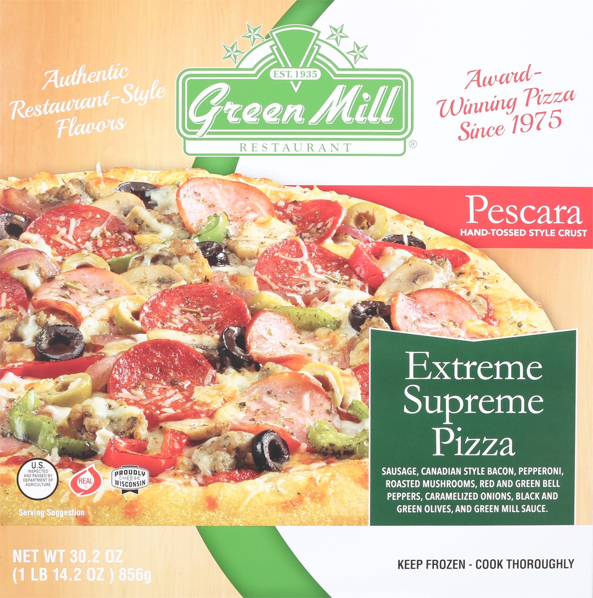 slide 6 of 12, Green Mill Pescara Hand-Tossed Style Crust Extreme Supreme Supreme Pizza 30.2 oz, 30.5 oz