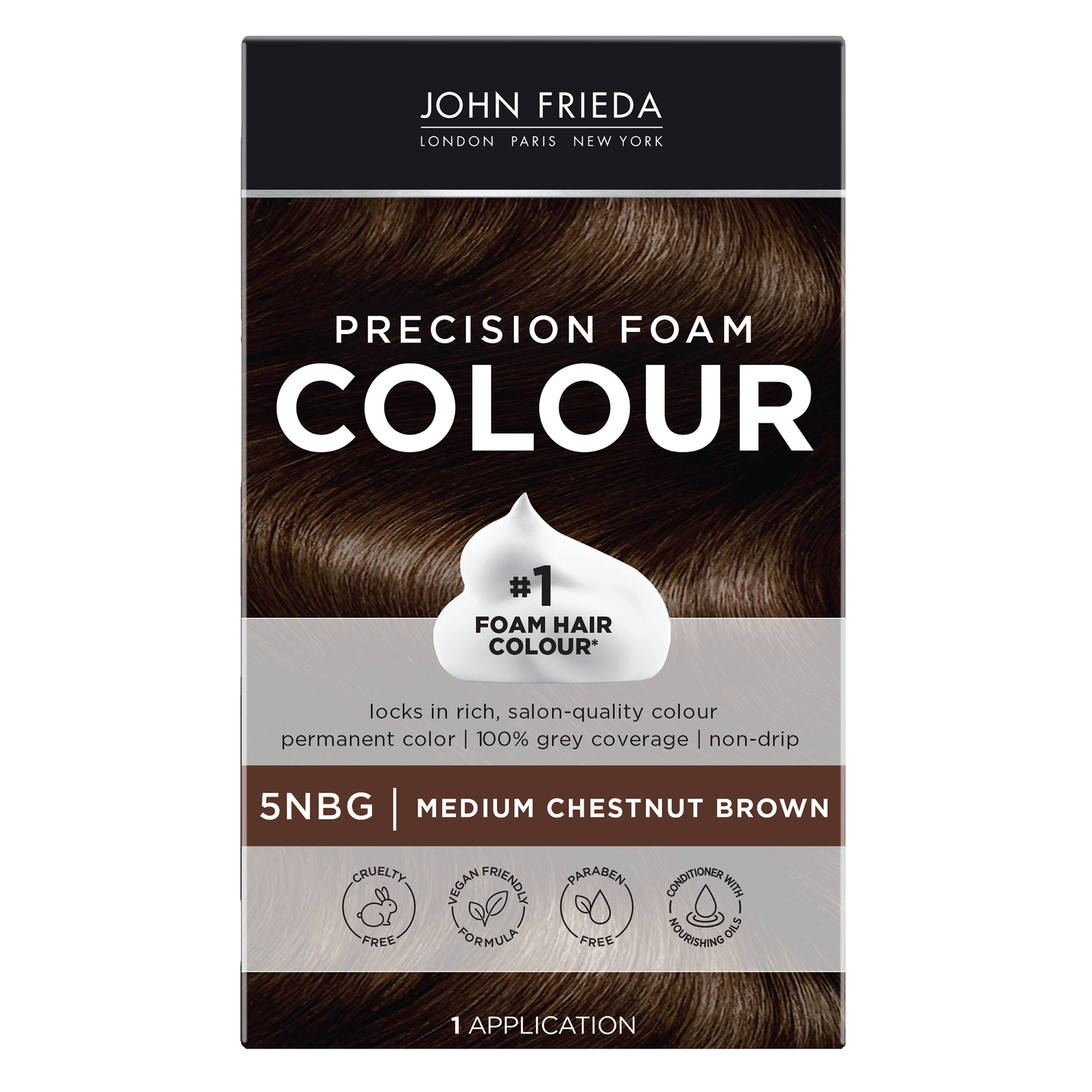 slide 1 of 12, John Frieda Brown Permanent Precision Hair Color Foam Hair Kit, Brown Hair Color, 5NBG Medium Chestnut Brown Hair Dye, 1 Application, 6 pc