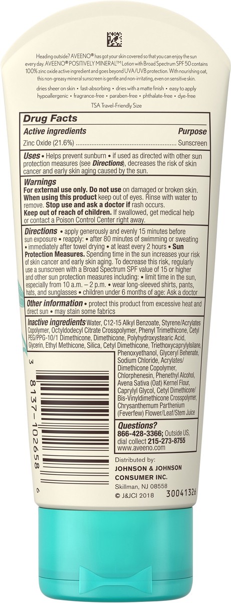 slide 5 of 7, Aveeno Positively Mineral Sensitive Sunscreen Lotion Spf 50, 3 Oz, 3 oz