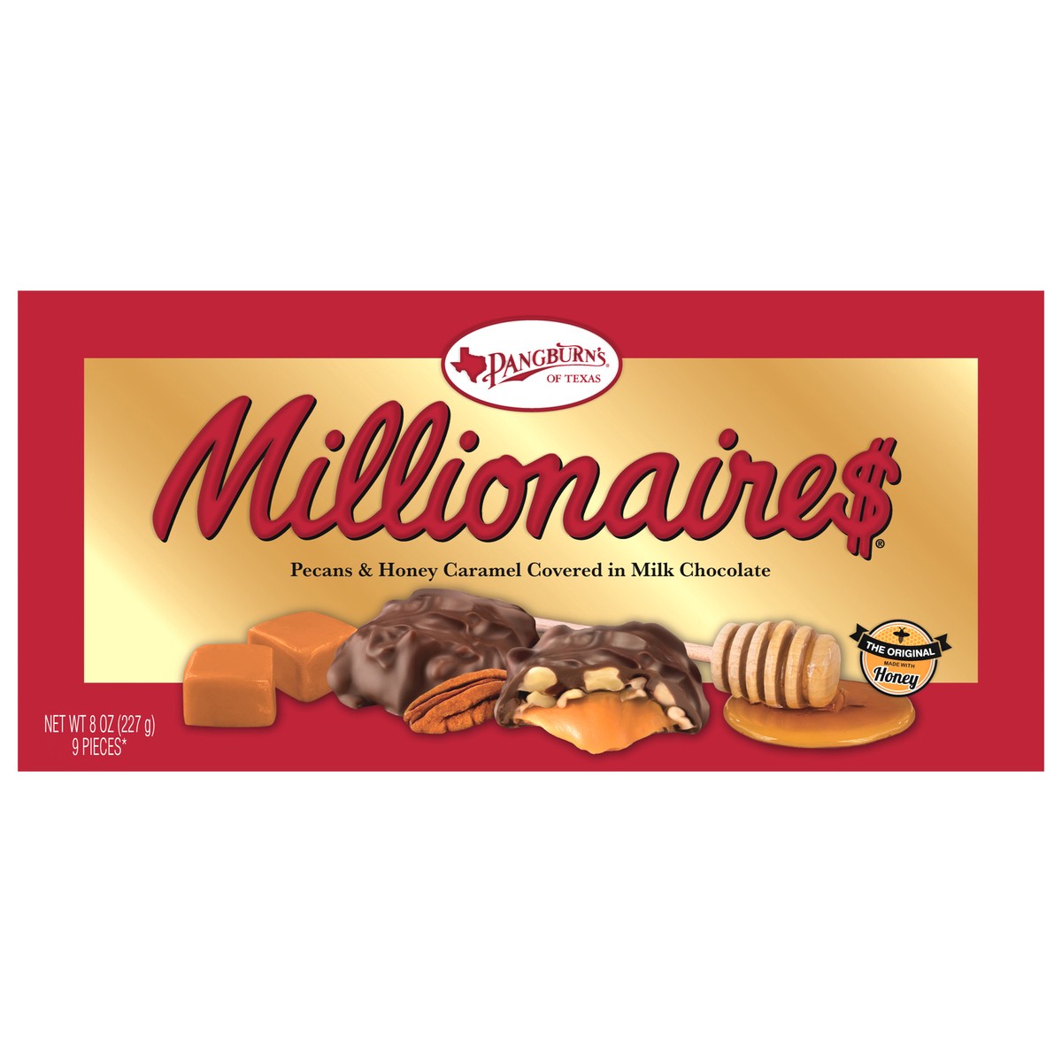 slide 1 of 15, PANGBURN'S OF TEXAS Millionaires Milk Chocolate Covered Pecans and Honey Caramel Gift Box, 8 oz., 8 oz