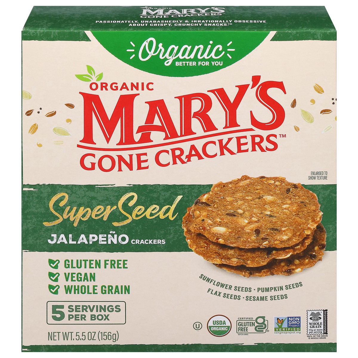 slide 1 of 14, Mary's Gone Crackers Super Seed Jalapeno Crackers, Organic, Plant Based Protein, Gluten Free, 5.5 oz, 5.5 oz