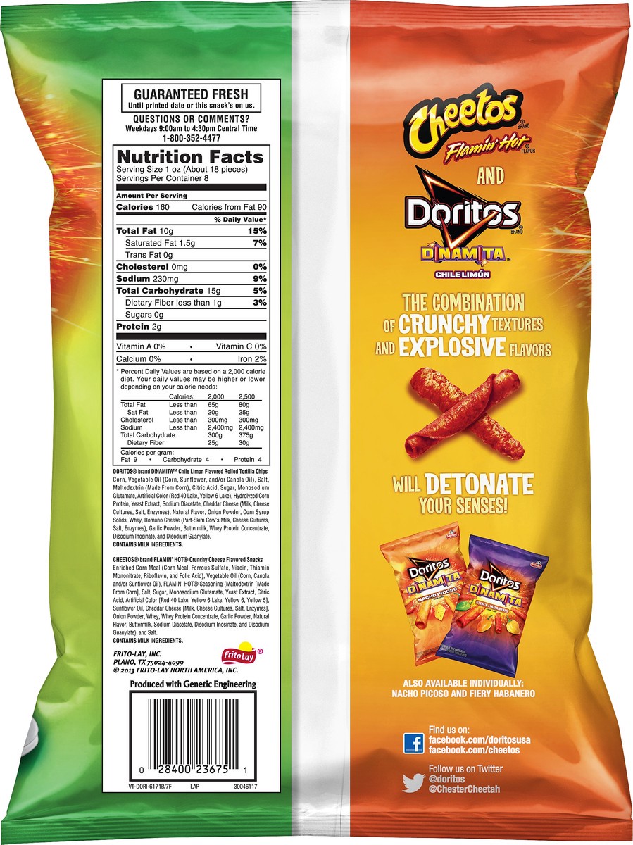 slide 2 of 5, Cheetos Cheese Flavored Snacks Flamin' Hot Flavor & Doritos Dinamita Rolled Tortilla Chips Chile Limon Flavored 8 Oz, 8 oz