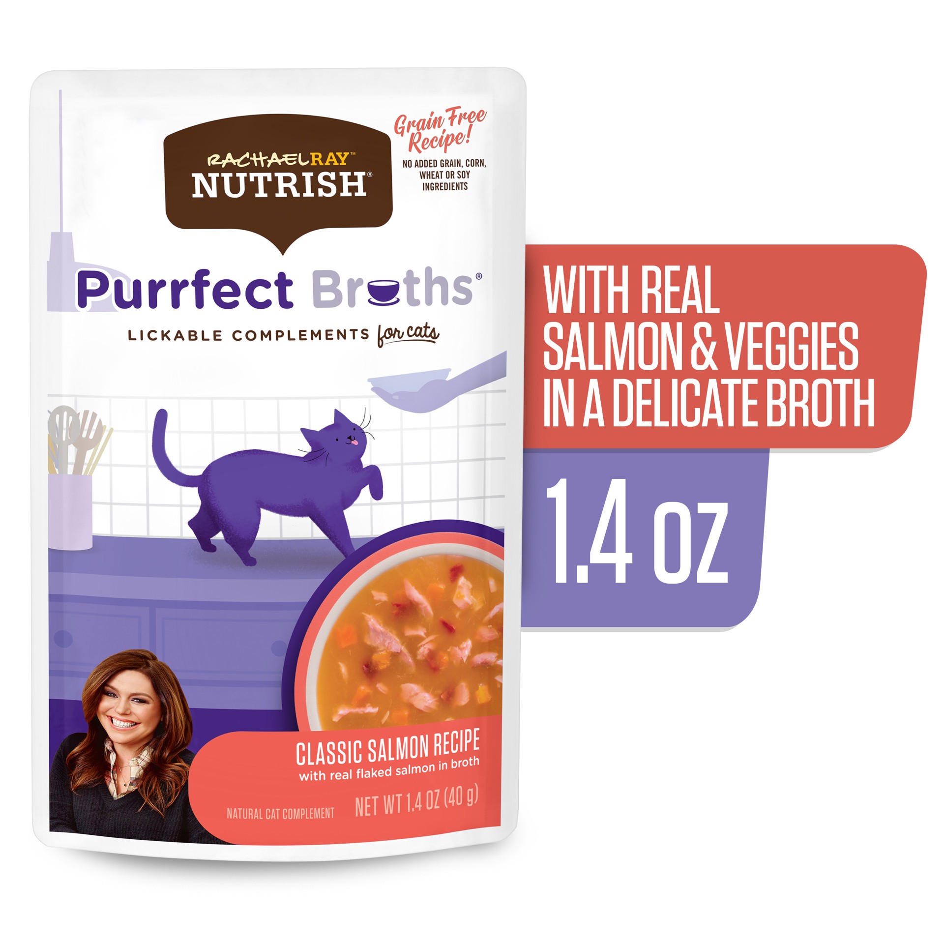 slide 3 of 6, Rachael Ray Nutrish Purrfect Broths Lickable Cat Treats and Meal Complements, Classic Salmon Recipe, 1.4 Ounce Pouch, 1.4 oz