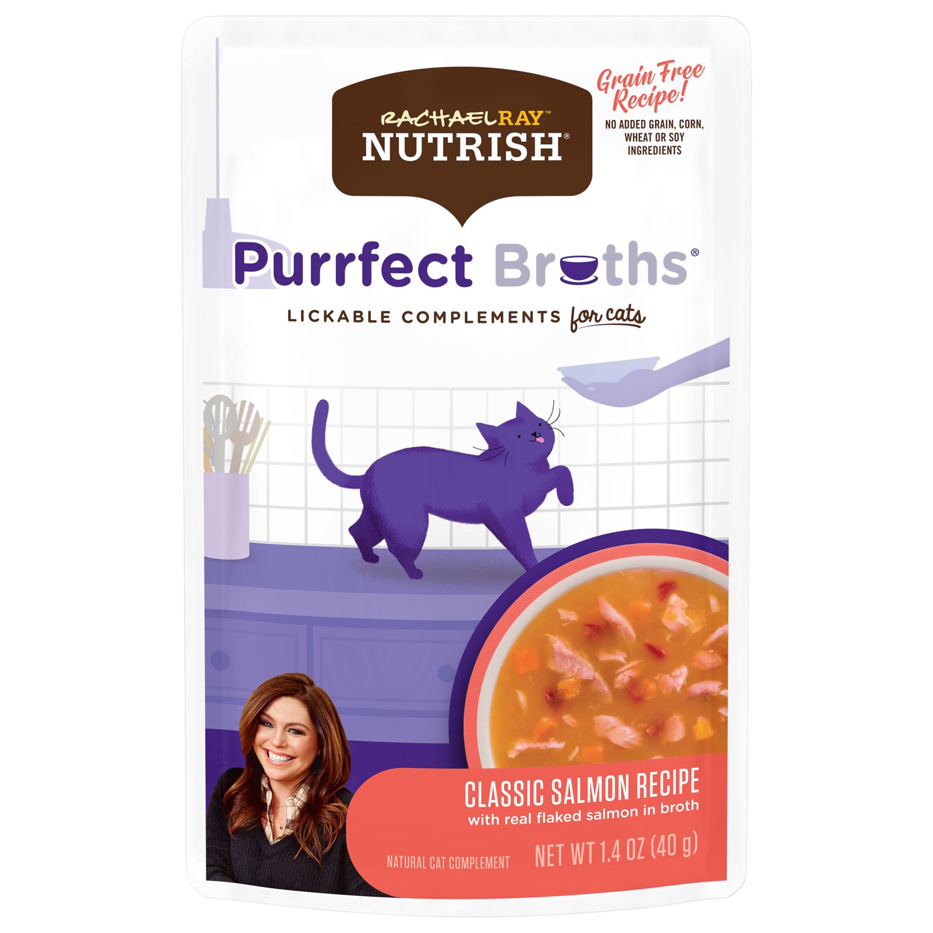 slide 1 of 6, Rachael Ray Nutrish Purrfect Broths Lickable Cat Treats and Meal Complements, Classic Salmon Recipe, 1.4 Ounce Pouch, 1.4 oz