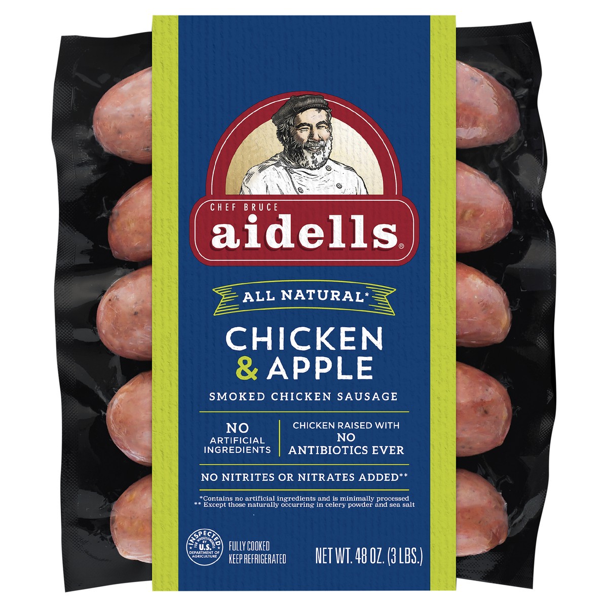 slide 1 of 6, Aidells Smoked Chicken Sausage, Chicken & Apple, 3 lb. (15 Fully Cooked Links), 1.36 kg