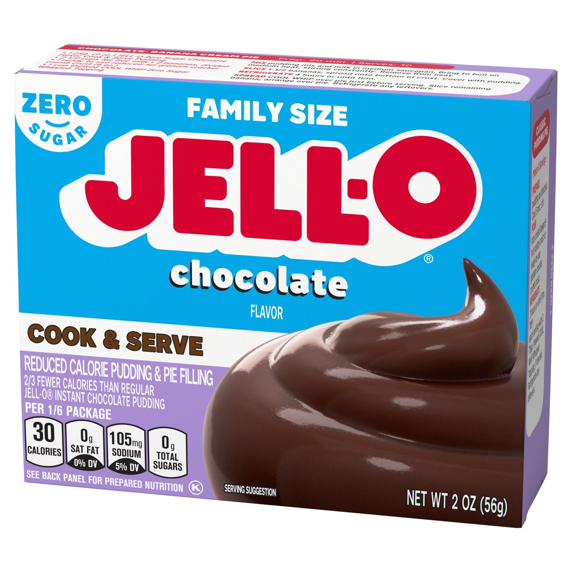 slide 3 of 5, Jell-O Chocolate Flavor Zero Sugar Cook & Serve Reduced Calorie Pudding & Pie Filling Mix, Family Size, 2 oz Box, 2 oz