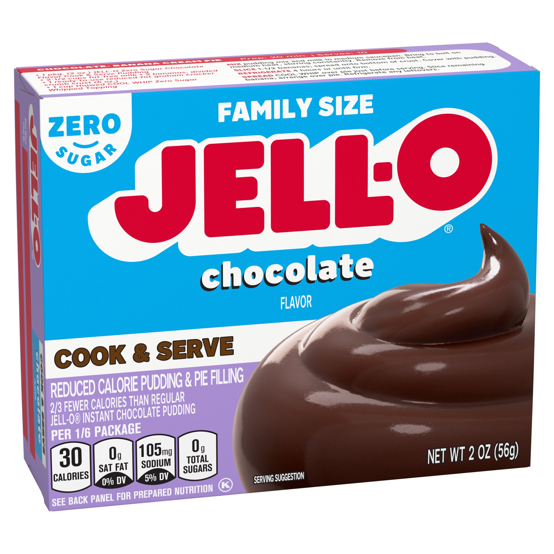 slide 2 of 5, Jell-O Chocolate Flavor Zero Sugar Cook & Serve Reduced Calorie Pudding & Pie Filling Mix, Family Size, 2 oz Box, 2 oz