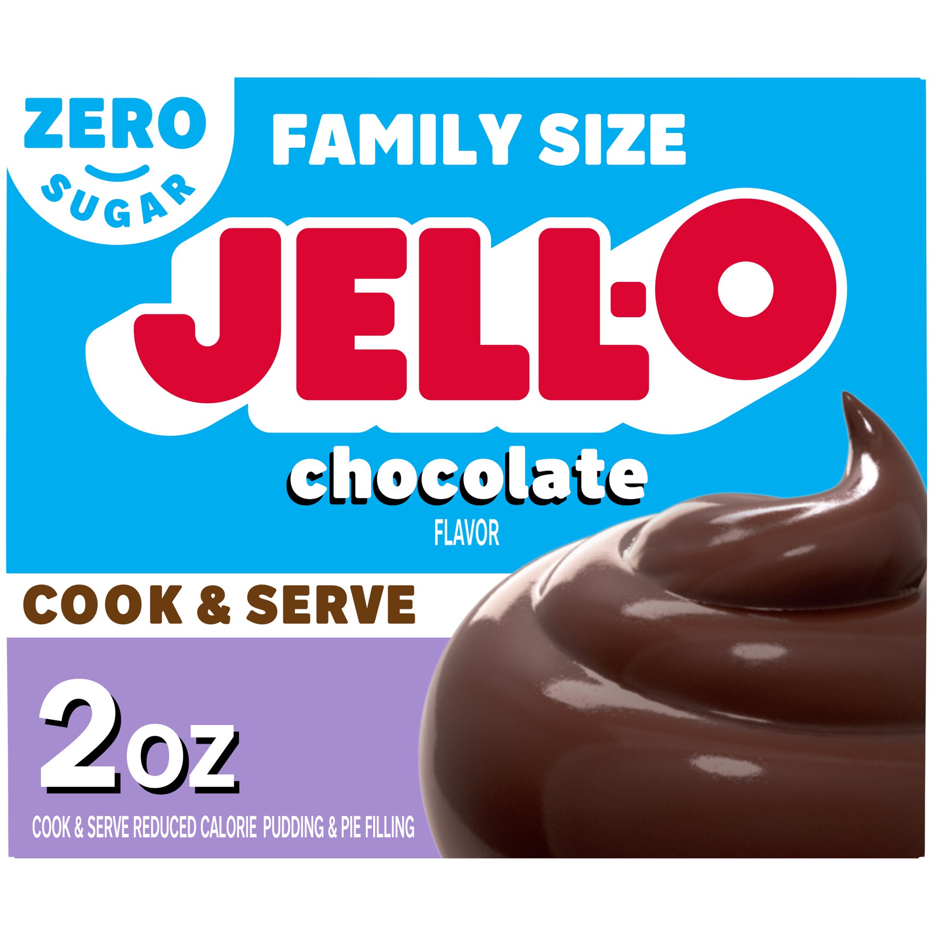 slide 1 of 5, Jell-O Chocolate Flavor Zero Sugar Cook & Serve Reduced Calorie Pudding & Pie Filling Mix, Family Size, 2 oz Box, 2 oz