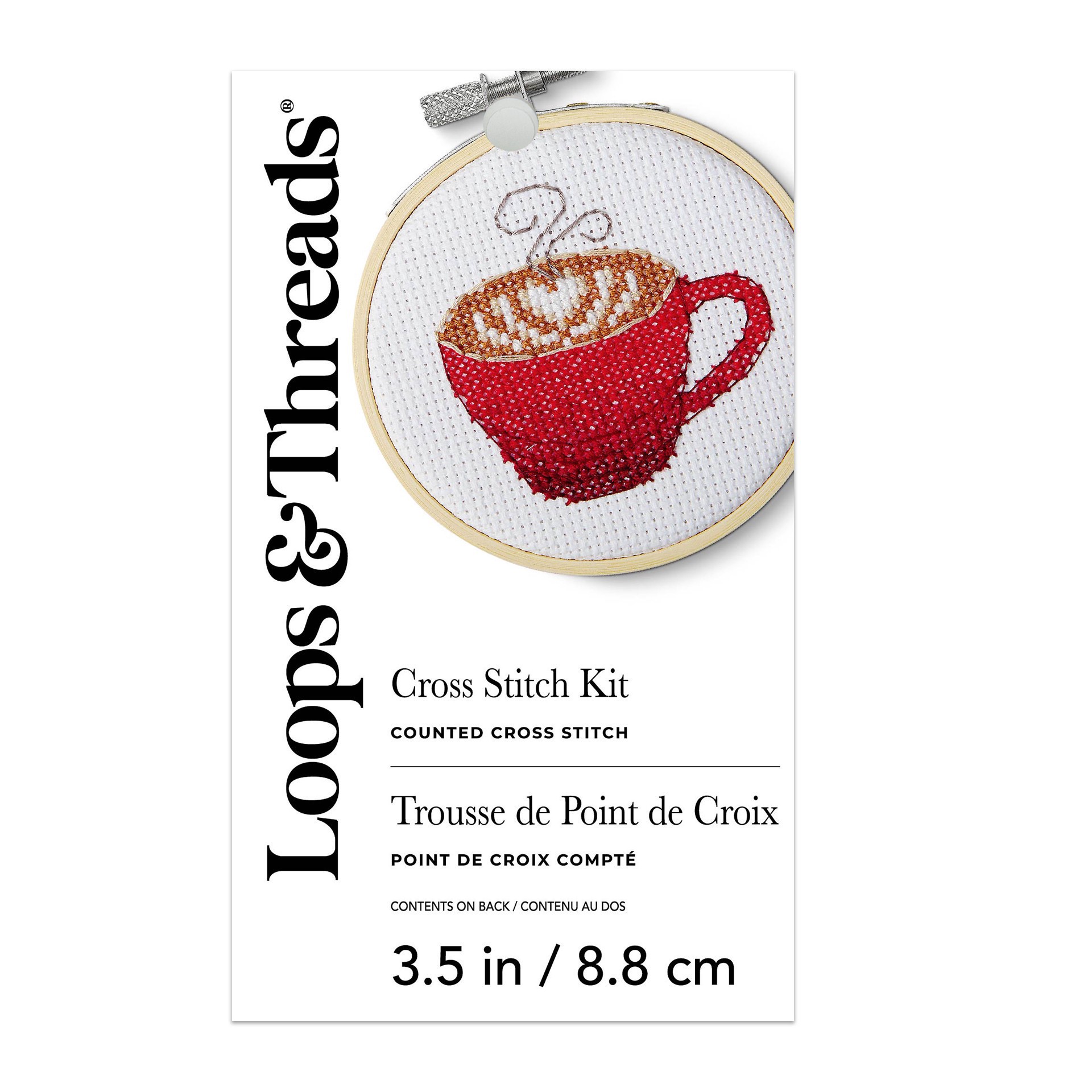 slide 4 of 4, 3.5" Coffee Cup Counted Cross Stitch Kit By Loops & Threads, 3.5 in